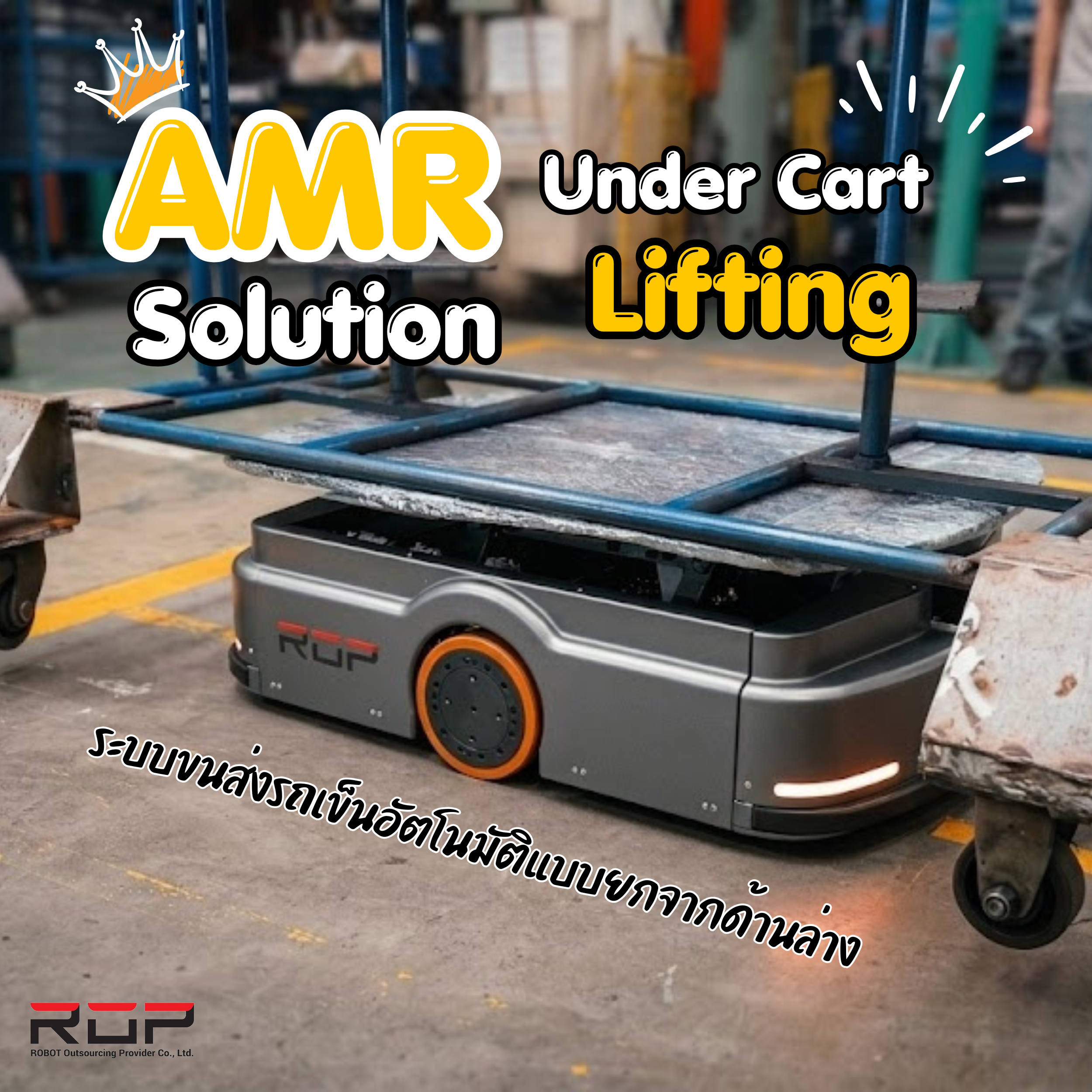 AMR Under Cart Lifting Solution ระบบขนส่งรถเข็นอัตโนมัติแบบยกจากด้านล่าง สำหรับโรงงานอุตสาหกรรม ลดการใช้แรงงานและเพิ่มประสิทธิภาพการขนย้ายวัสดุ